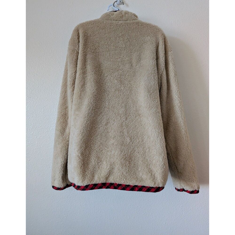 Cozy Sherpa Fleece Pullover Plaid Trim Quarter-Button Collar w/ Pockets - Picture 7 of 10